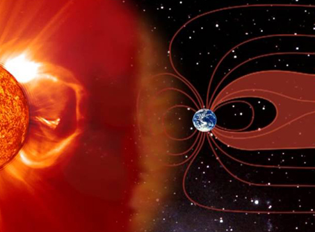 Image shows graphics representation of Space Radiation from our Sun and its effects on the Planet Earth.