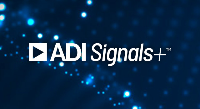 ADI Signals+ logo on a dark blue digital background with glowing light patterns, representing advanced signal processing technology